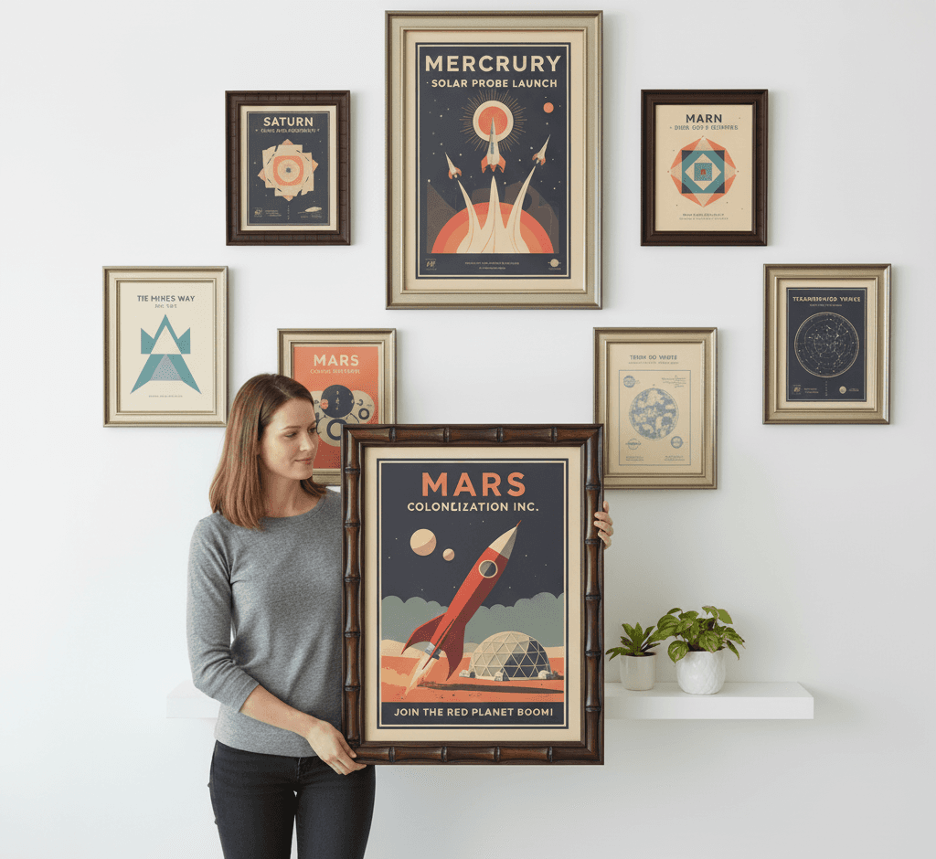 Woman holding vintage Mars Colonization retro space travel poster in wide brown bamboo picture frame within curated gallery wall featuring Mercury, Saturn, and astronomical prints with geometric designs