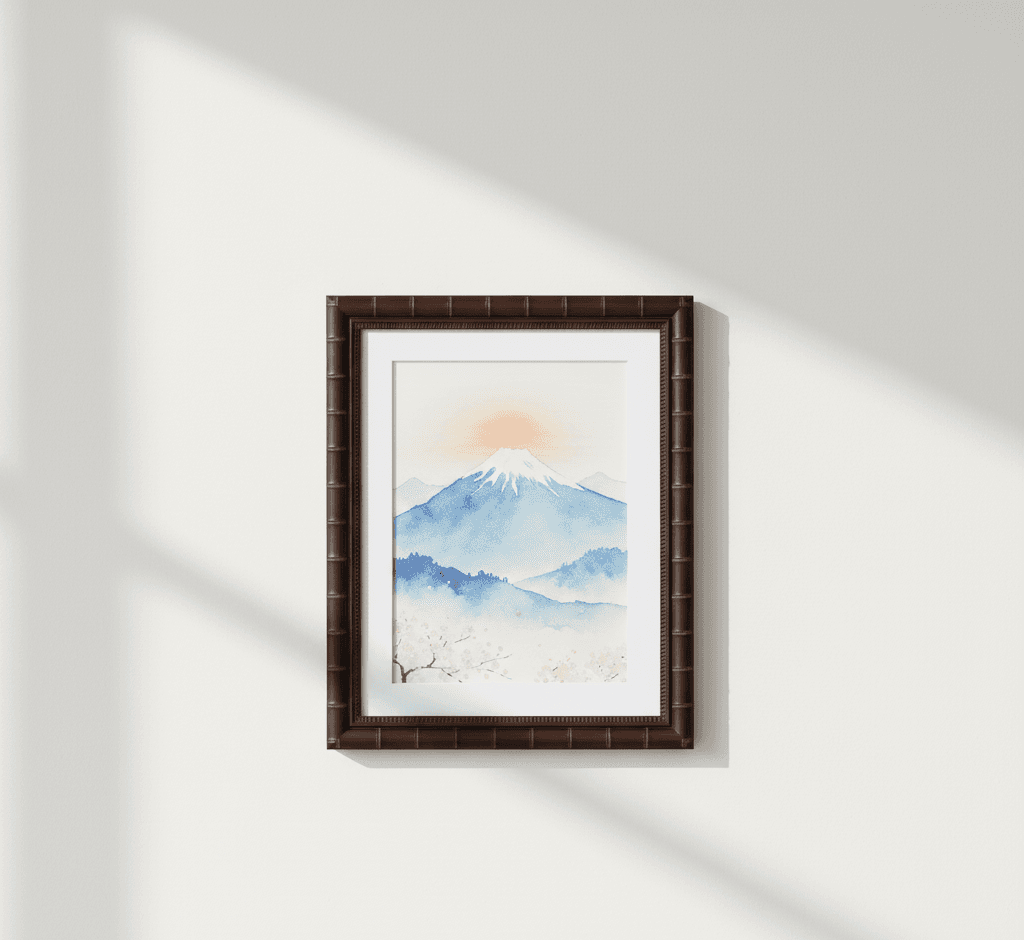 Serene Mount Fuji watercolor painting with snow-capped peak, misty mountains, and delicate cherry blossoms professionally framed in brown bamboo picture frame with decorative segment joints and white mat in natural window light