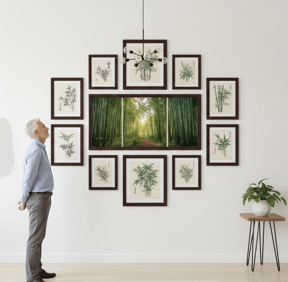 Man admiring symmetrical Asian bamboo botanical gallery wall featuring large bamboo forest photograph centerpiece surrounded by traditional ink paintings of bamboo stalks with Asian calligraphy in authentic brown bamboo frames