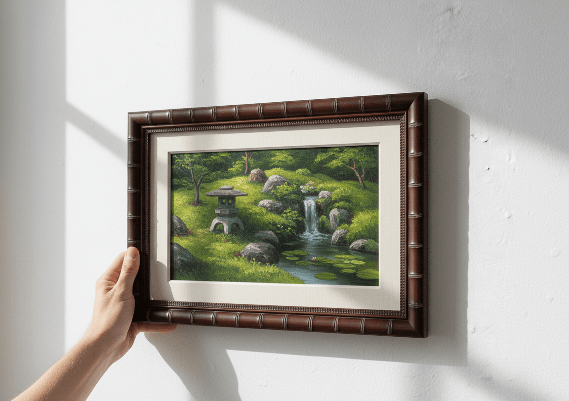 Hand positioning serene Japanese zen garden painting with stone lantern, waterfall, and lush moss in wide brown bamboo picture frame with authentic segment joint finish and decorative beaded edge