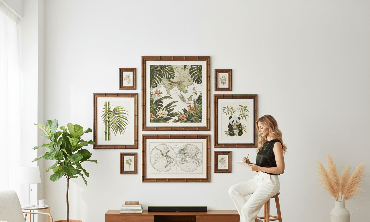 Contemporary gallery wall featuring brown bamboo picture frames displaying tropical botanical prints with giant pandas, palm fronds, vintage world map, and natural history illustrations in modern minimalist living room