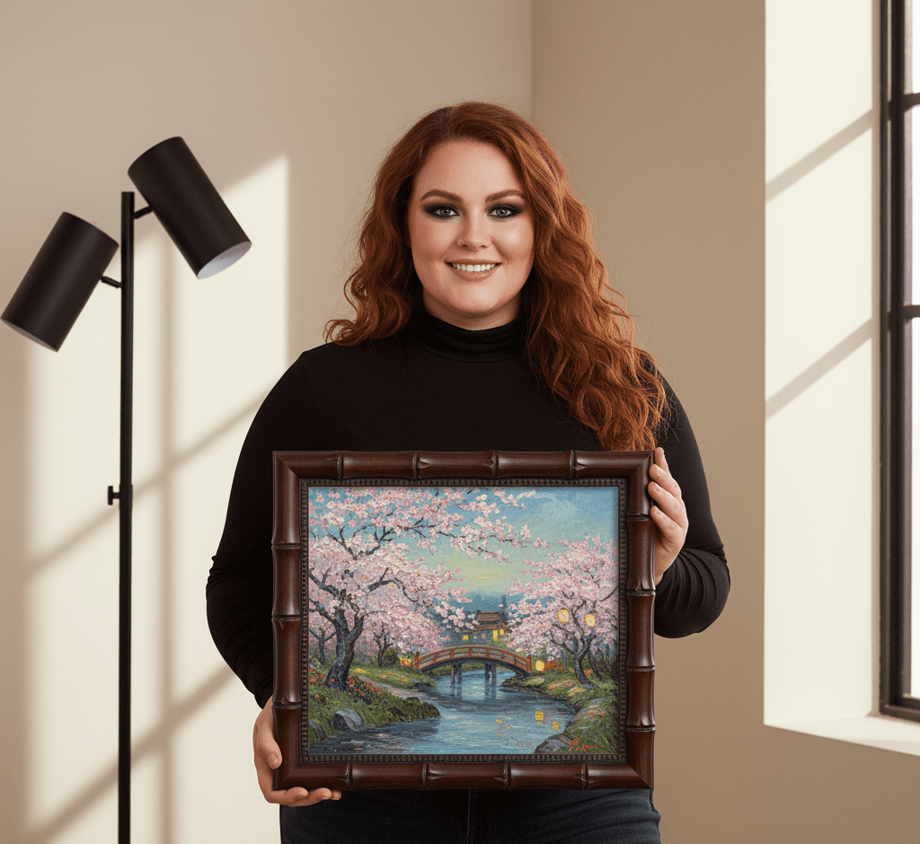 Woman displaying Japanese cherry blossom bridge scene painting with traditional architecture, pink sakura blossoms, and tranquil pond in wide brown bamboo picture frame with authentic Asian-inspired segment joint detailing