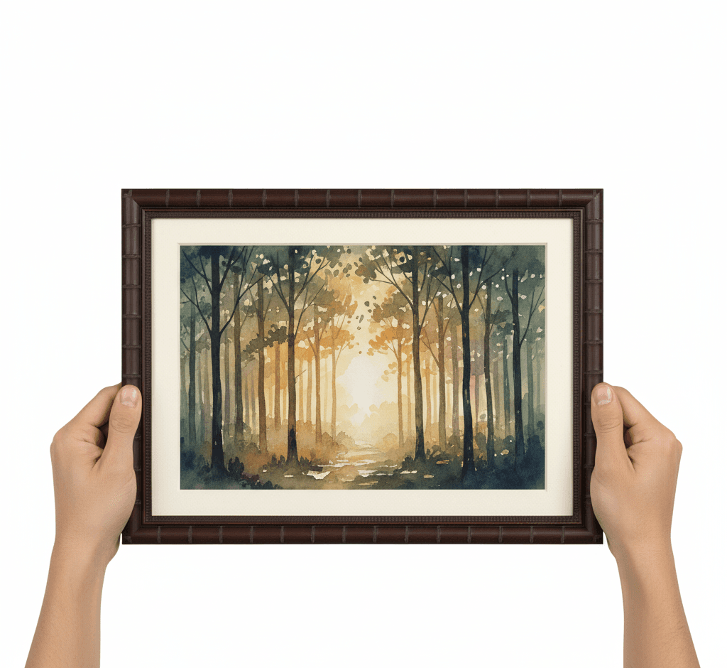 Hands holding atmospheric forest watercolor painting with golden morning light filtering through tall trees in wide brown bamboo picture frame with authentic segment joint finish and white mat