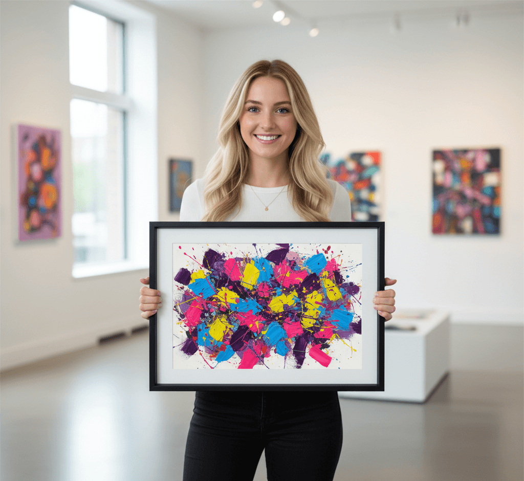 Woman presenting vibrant abstract expressionist painting with explosive pink, yellow, blue, and purple paint splatters in angular black picture frame in modern minimalist gallery with contemporary art collection