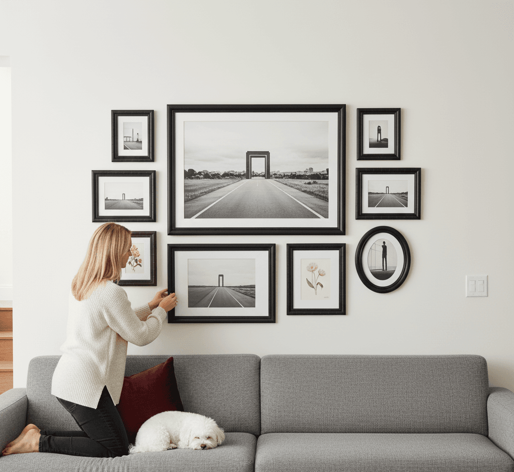Woman arranging minimalist gallery wall with sleek black picture frames featuring monochromatic architectural photography series and delicate pink floral watercolors with white puppy on gray sofa