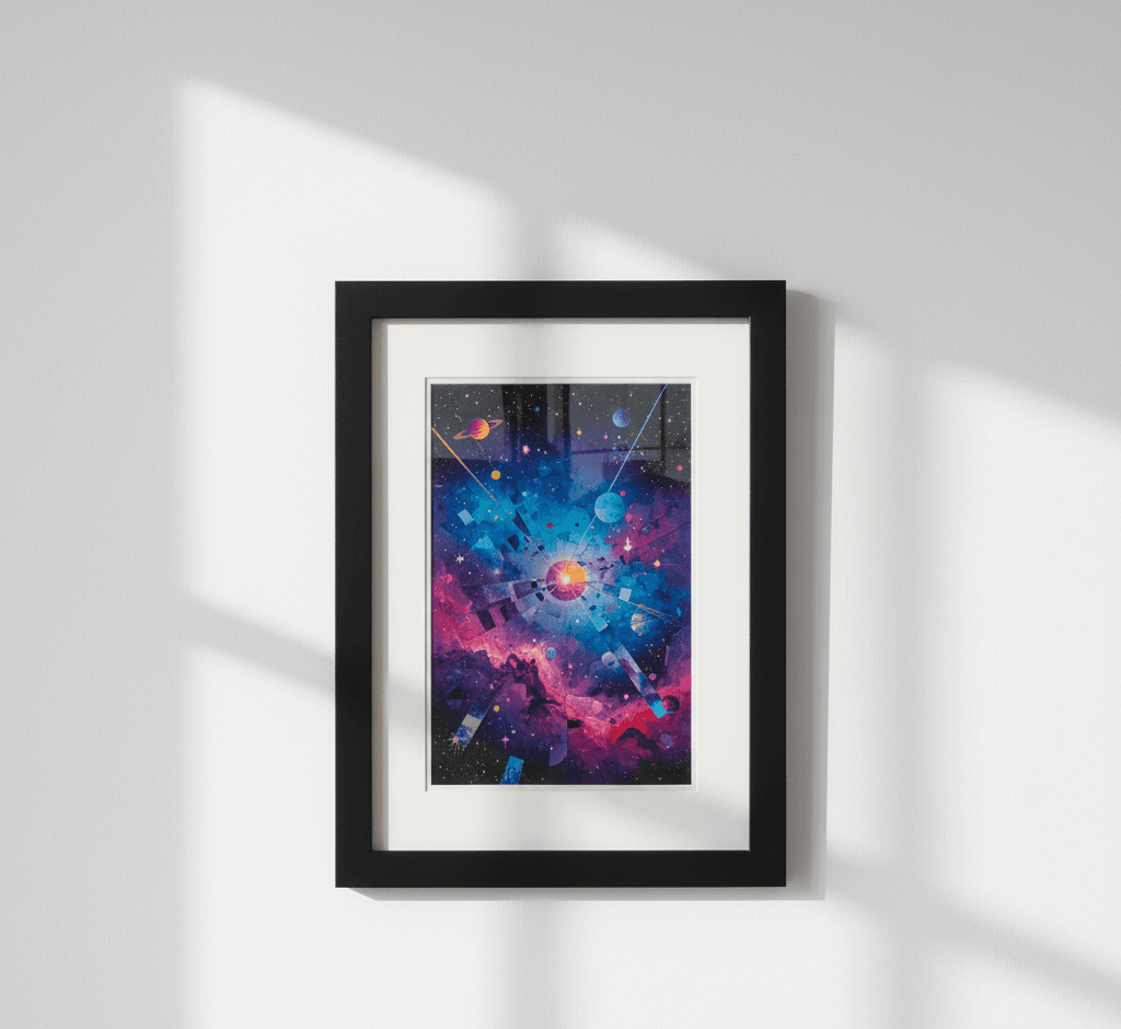 Vibrant cosmic nebula watercolor painting with deep blues, magentas, and starfield detail professionally framed in modern black picture frame with crisp white mat in dramatic window lighting