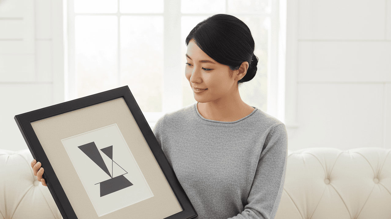 Woman admiring minimalist geometric abstract art with bold black triangular shapes on neutral background in sleek black picture frame with double mat in bright natural home setting