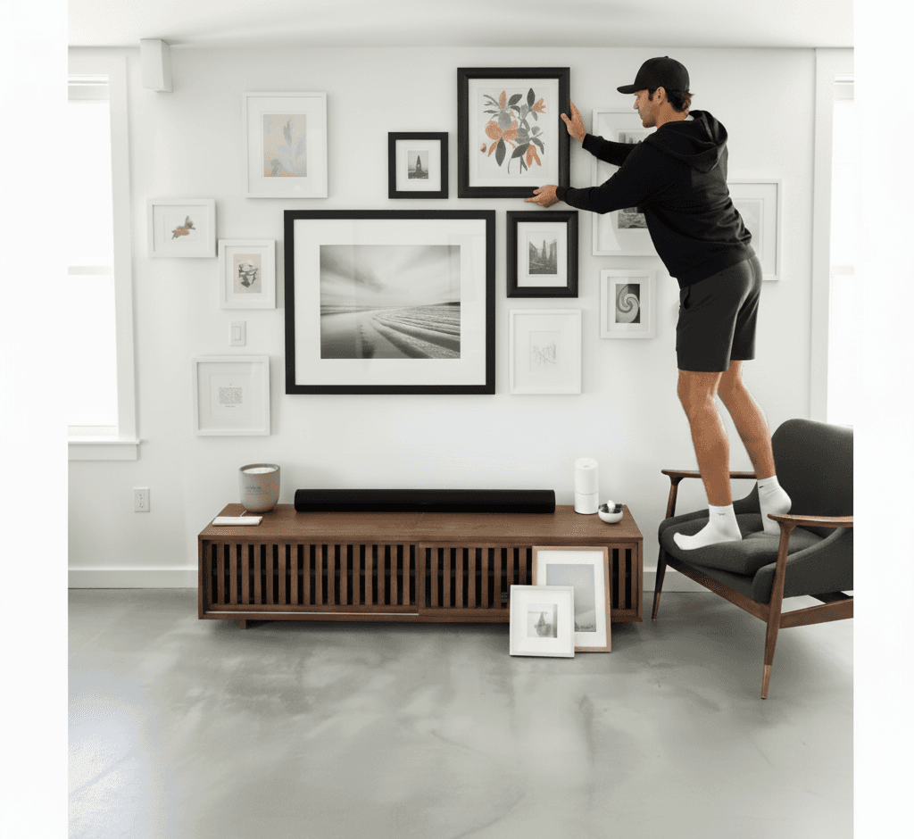 Man arranging modern gallery wall combining black picture frames and white frames displaying monochromatic landscape photography, delicate botanical watercolors, and minimalist line drawings above mid-century media console
