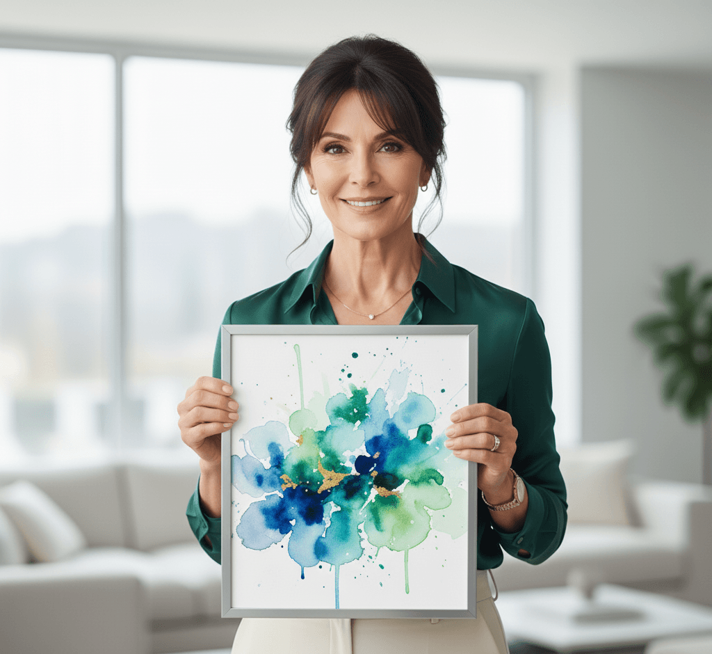 Woman in green blouse holding Silver Wood frame with vibrant blue and green watercolor flower artwork demonstrating sleek metallic finish perfect for contemporary floral art