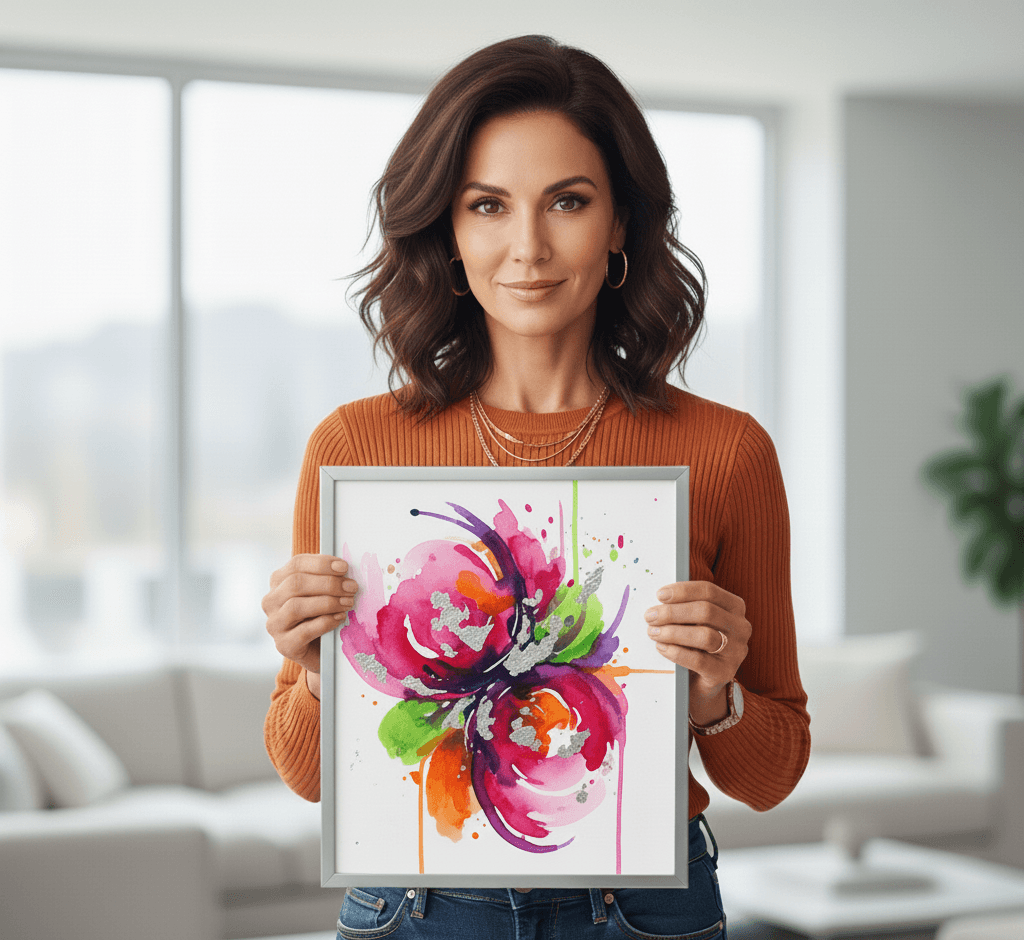 Woman in orange sweater holding Silver Wood frame with vibrant pink and purple watercolor flower artwork showcasing modern metallic finish for colorful botanical art