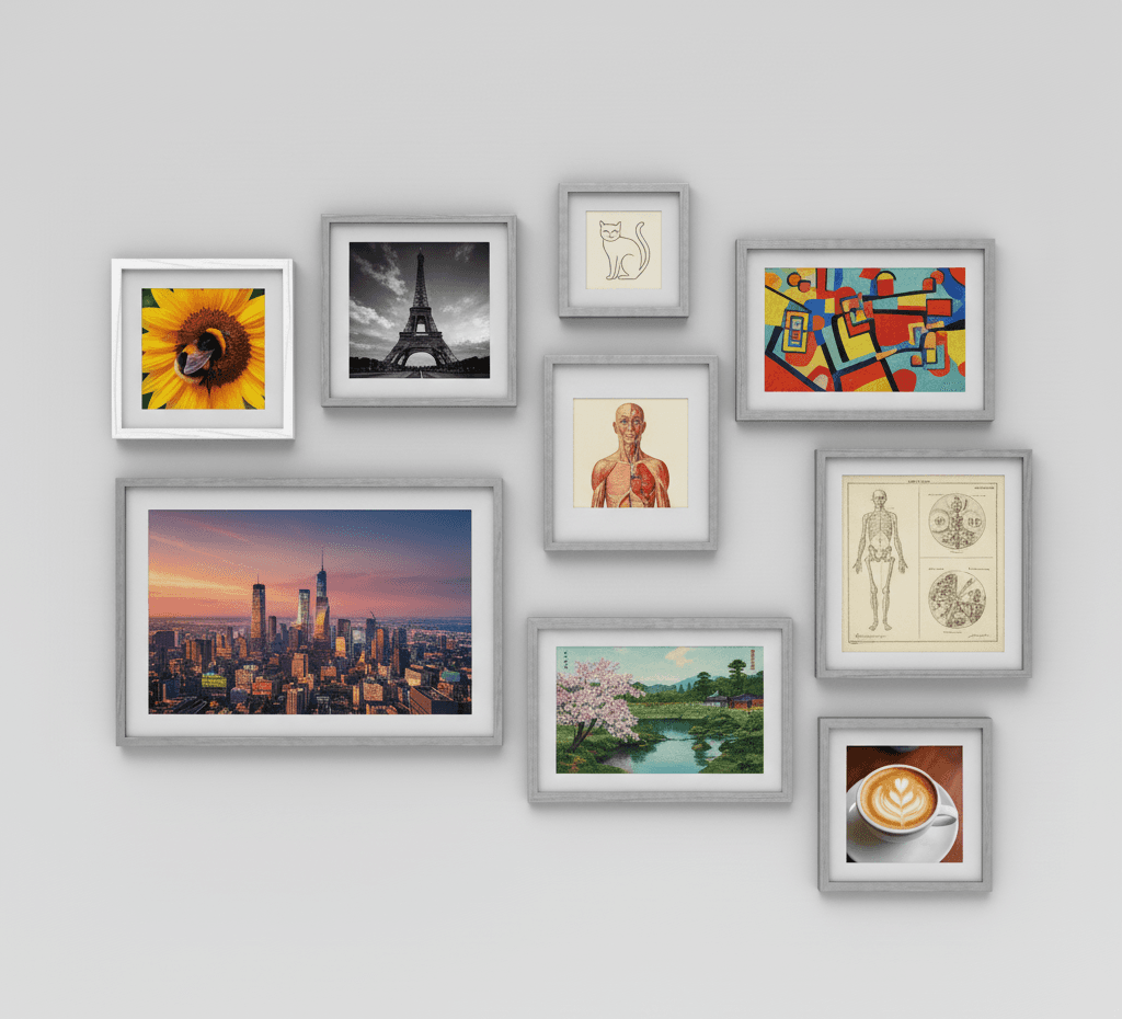 Silver Wood frames in eclectic gallery wall composition featuring diverse subjects including sunflower photography Eiffel Tower anatomy illustrations cityscape and landscape art