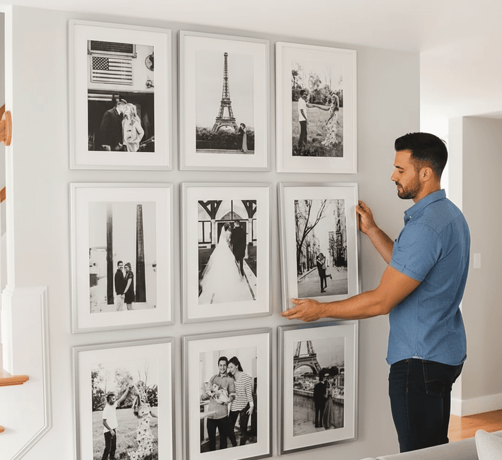 Person arranging Silver Wood frames in grid gallery wall with black and white wedding photography and family portraits showcasing elegant metallic finish for formal occasions