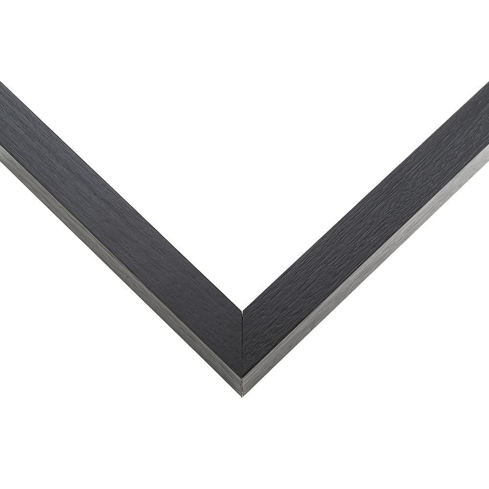 Slim Matte Black Deep corner detail showing precision mitered joint with refined black wood grain finish and ultra-slim 0.75 inch moulding width perfect for modern minimalist shadowbox displays