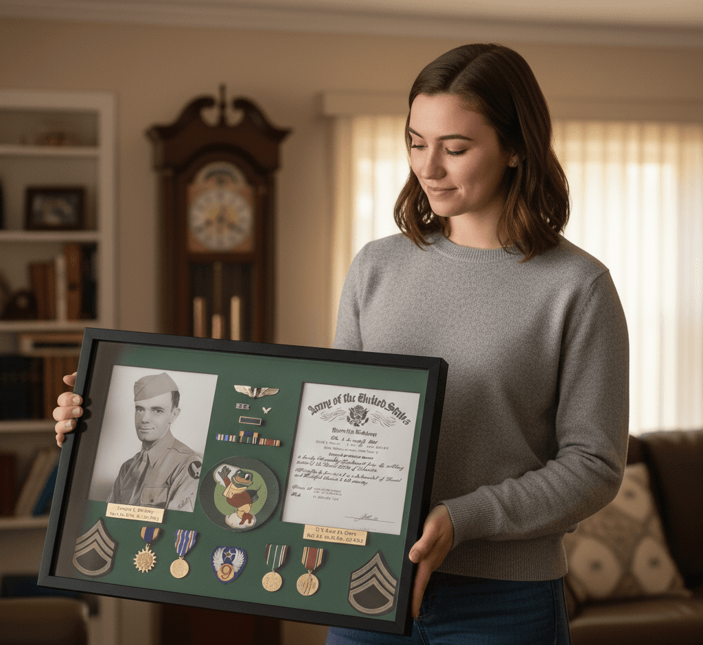 Slim matte black shadowbox frame displaying WWII military memorial with veteran portrait photograph service medals honorable discharge certificate and engraved nameplate demonstrating professional conservation framing for historical military collectibles using 1 inch depth capacity ideal for heritage preservation and military shadowbox picture frames