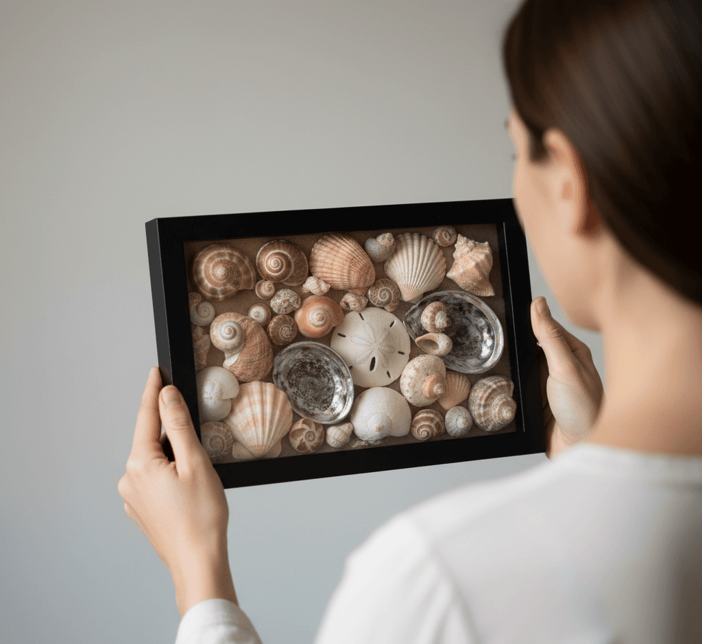 Slim black shadowbox picture frame displaying curated seashell collection including sand dollars conch shells scallops and abalone demonstrating beach memorabilia framing using 1 inch depth capacity ideal for coastal vacation souvenirs and natural specimen shadowbox displays
