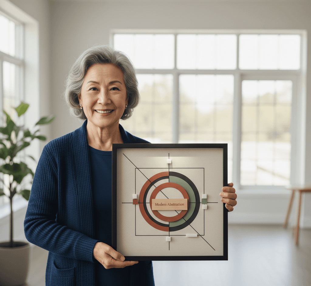 Matte black shadowbox frame with white mat board presenting modern geometric abstract art with concentric circles and linear elements demonstrating contemporary art framing using conservation matting and slim 0.75 inch black moulding for minimalist gallery wall displays