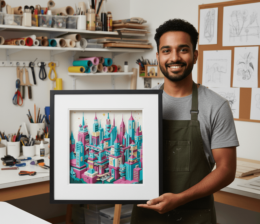 Slim black shadowbox frame with white conservation mat showcasing vibrant dimensional isometric city paper art featuring turquoise and pink architecture demonstrating professional shadow box framing for 3D paper sculpture using acid-free matting and 1 inch depth for layered papercraft