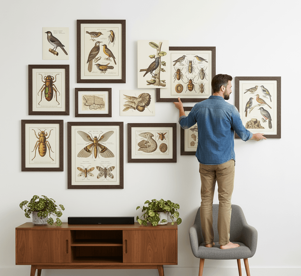 Man on chair arranging Barnwood Brown picture frames gallery wall with vintage natural history prints featuring ornithology birds entomology insects and butterfly specimens demonstrating authentic barnwood texture and 1.5 inch rustic wood grain moulding for scientific illustration and botanical print framing