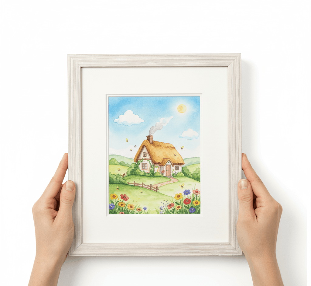 Hands holding Barnwood White picture frame displaying charming watercolor cottage painting with golden thatched roof pink window shutters wildflower garden path buzzing bees and rolling green hills with white matting showcasing soft coastal white finish and 1.5 inch rustic barnwood moulding for storybook and English countryside artwork framing