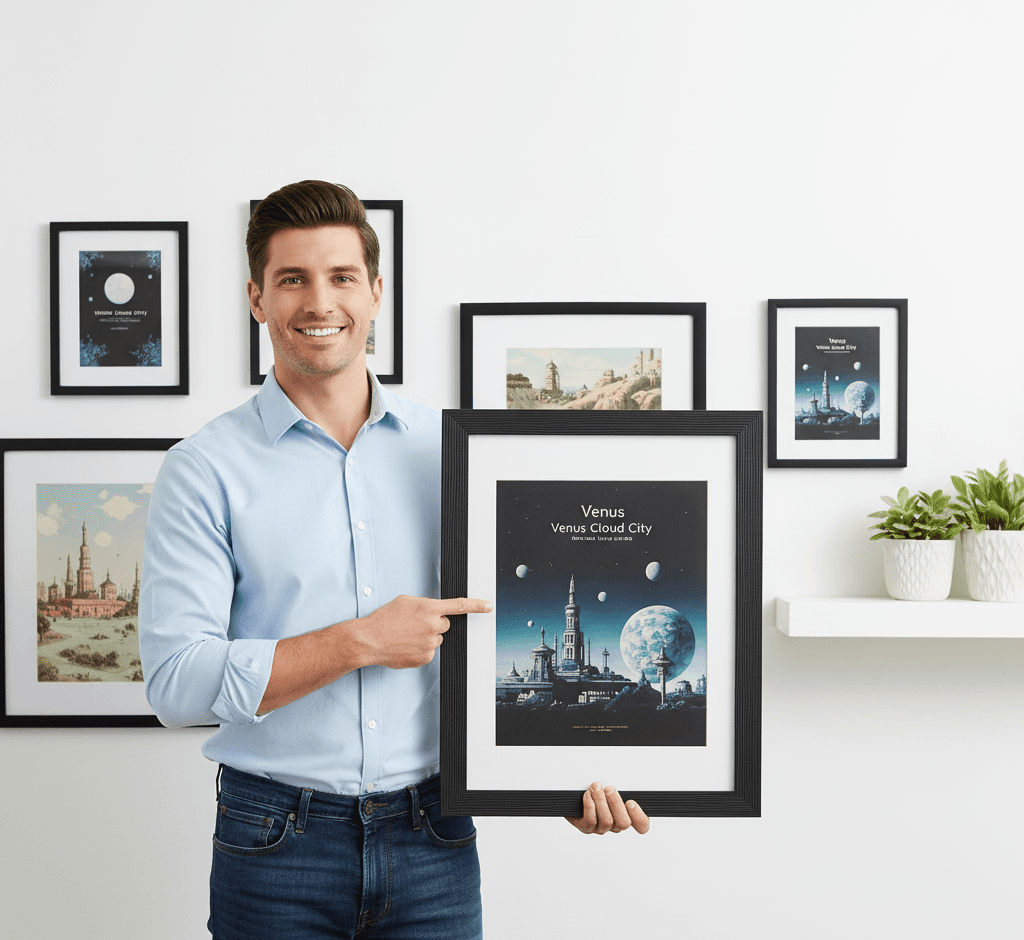 Professional presenting large Barnwood Black picture frame displaying vintage Venus Cloud City retro space travel poster with architectural cathedral spires floating Earth and planetary moonscape surrounded by additional framed astronomical prints and European cityscapes showcasing dramatic black wood grain finish and 1.5 inch textured barnwood moulding for science fiction and mid-century modern poster collections