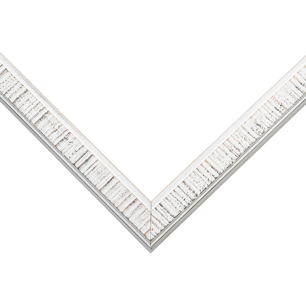 Modern White Picture Frame corner detail showing distressed white finish with natural wood showing through in slim 0.75 inch contemporary profile