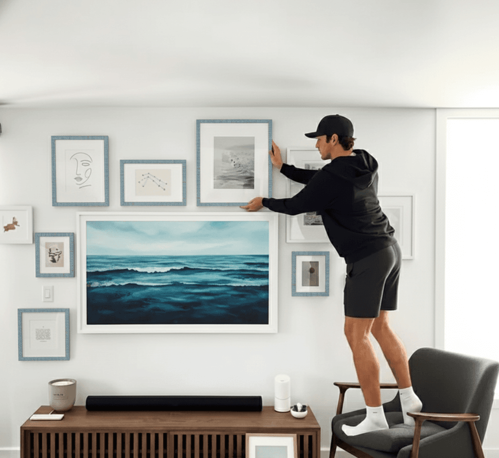 Woman on wooden step stool arranging eclectic gallery wall of textured blue picture frames featuring bold magenta pink abstract expressionist painting, misty forest landscape, geometric galaxy prints, teal mushroom botanicals, and line art portraits above walnut mid-century console with mustard yellow armchair demonstrating modern boho wall styling