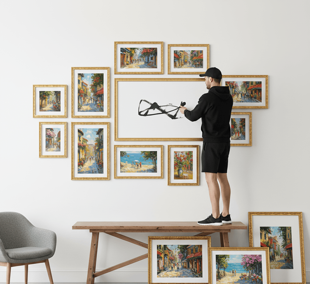 Artist creating gallery wall installation with Royal Gold baroque picture frames featuring colorful European street scenes and coastal Mediterranean landscapes in modern living room - illustrating custom ornate gold picture framing for travel photography, impressionist prints, and coordinated multi-frame wall arrangements with classical scrollwork detail