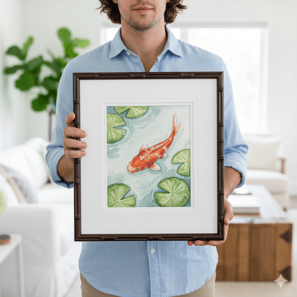 Brown Bamboo picture frame showcasing koi fish botanical watercolor print held by customer in contemporary living room with natural organic decor