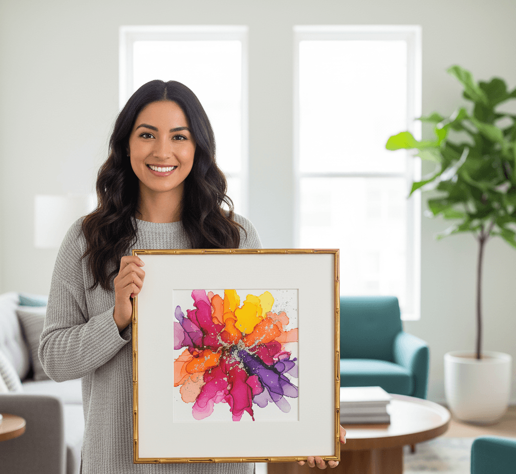Smiling woman in gray cable-knit sweater holds Gold Bamboo picture frame with crisp white mat displaying vibrant alcohol ink abstract burst art in brilliant magenta, hot pink, orange, golden yellow, and purple hues in bright contemporary living room with teal armchair and fiddle leaf fig plant demonstrating luxurious custom framing for bold colorful modern artwork with coordinating 0.75 inch metallic gold bamboo moulding