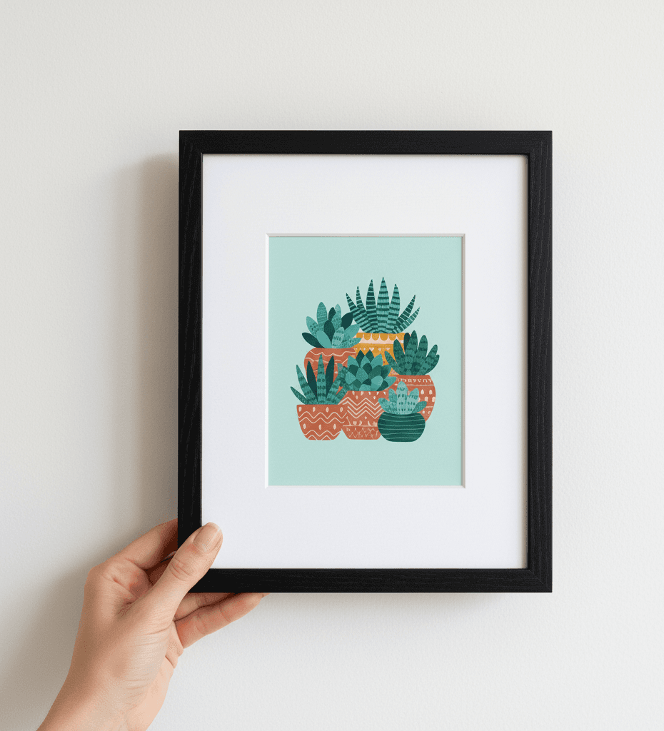 Hand holding Black Wood frame with illustrated succulent plants on mint background demonstrating clean minimalist styling for botanical illustrations