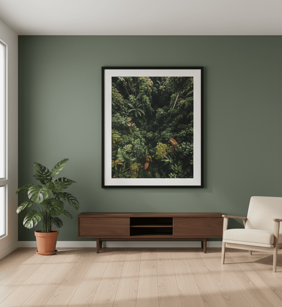 Black Wood frame displaying aerial forest photography on sage green accent wall in modern living room with mid-century furniture and natural decor