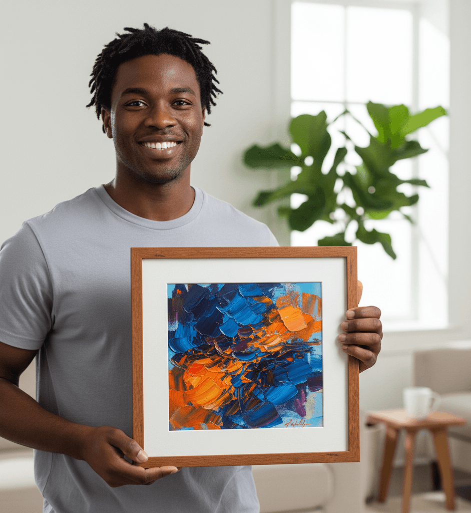 Person holding Light Oak frame with vibrant abstract painting featuring bold blue and orange brushstrokes showcasing warm wood finish for contemporary art