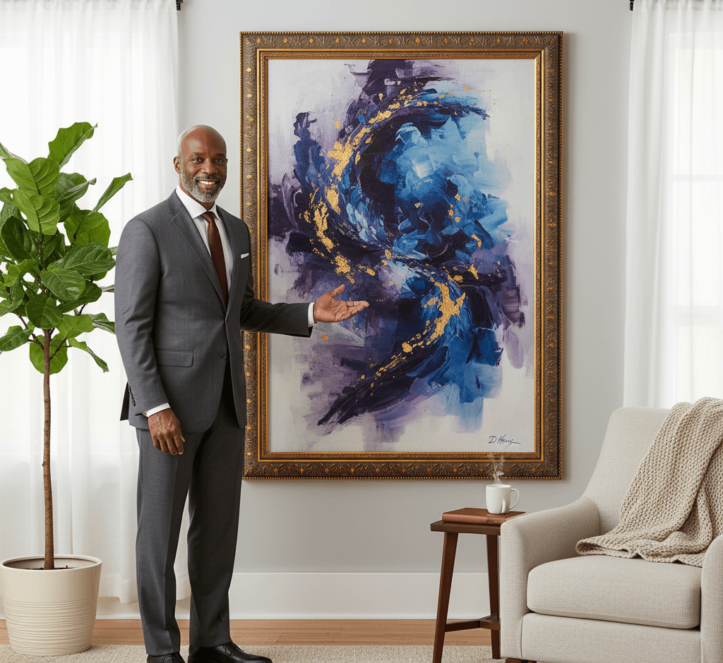 Art collector presenting large contemporary abstract painting with purple blue gold brushstrokes in ornate gold picture frame with hand-carved floral pattern in bright minimalist interior