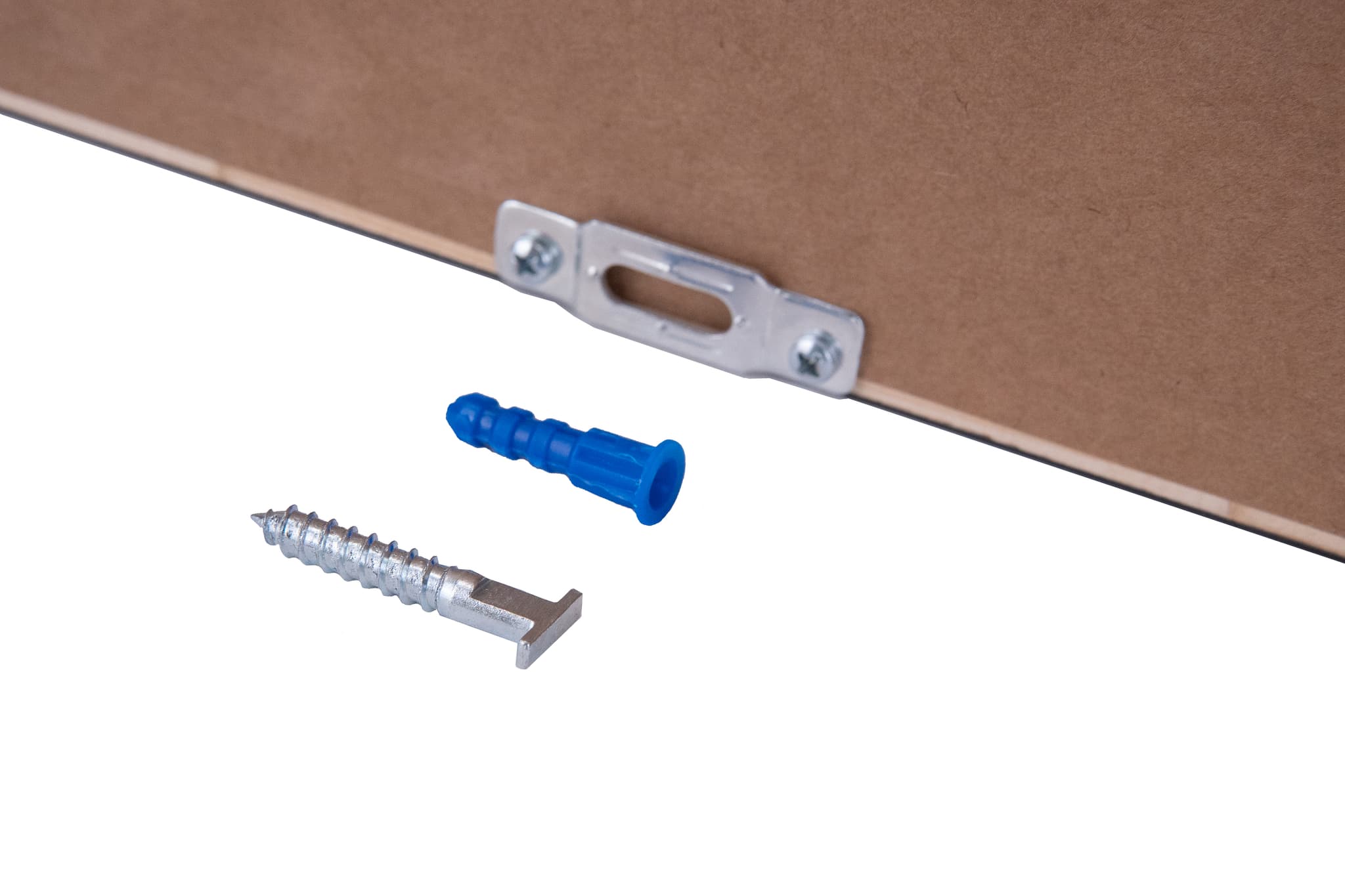 Close-up of security T-screw, wall anchor, and specialty wrench for anti-theft mounting system